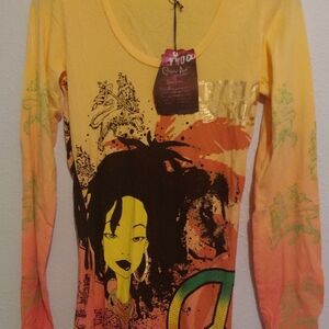 Christian Audigier Yellow and Orange Graphic Long Sleeve Tee
